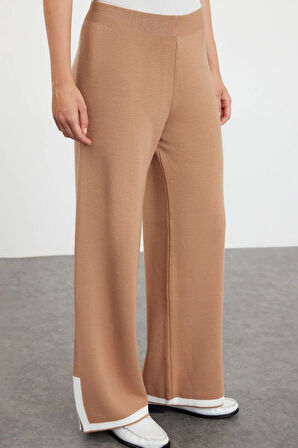 Tarz Kadın Modern Moda Normal Bel Geniş Paça V Yaka Renk Bloklu Triko Hırka Pantolon Alt-Üst Takım