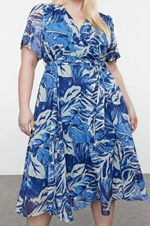 Moda Stil Relaxed Kruvaze Maxi Boy Büyük Beden Tropik Yaprak Desenli Şifon Dokuma Elbise