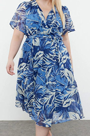 Moda Stil Relaxed Kruvaze Maxi Boy Büyük Beden Tropik Yaprak Desenli Şifon Dokuma Elbise