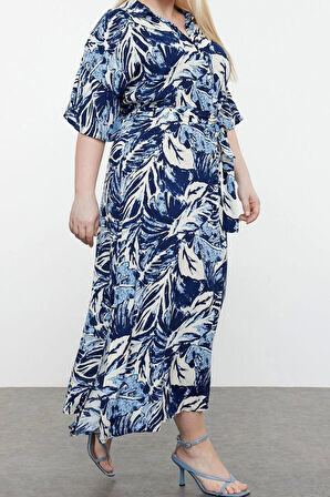 Moda Rahat Casual Günlük Viskon Dokuma Gömlek Yaka Kısa Kol A-Line Maxi Boy Büyük Beden Elbise