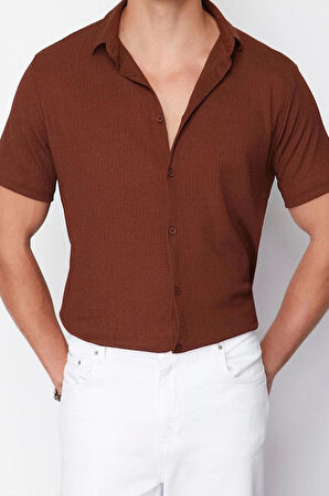 Moda Erkek Gömlek Yaka Düz Desen Günlük Regular Fit Kısa Kol Yazlık Dokulu Örme Gömlek