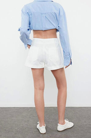 Moda Denim Yüksek Bel Geniş Paça Gündelik Beyaz Pileli Paça Katlamalı Yüksek Bel Denim Şort