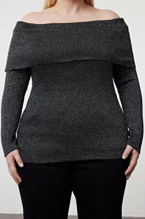 Moda Büyük Beden Carmen Yaka Triko Fit Düz Desen Casual Günlük Regular Uzun Kol Bluz