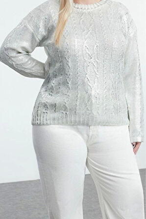 Büyük Beden Kadın Modern Tarz Rahat Uzun Bisiklet Yaka Saç Örgü Kol Crop Triko Kazak