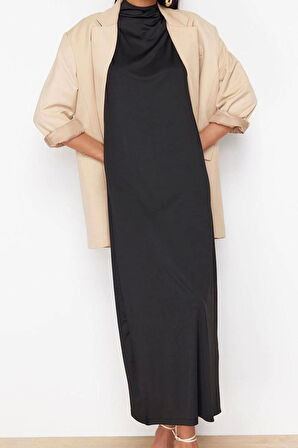 Moda Stil Regular Dik Yaka Maxi Boy Tesettür Örme Dalgıç Scuba Kolsuz Astar İçlik Elbise