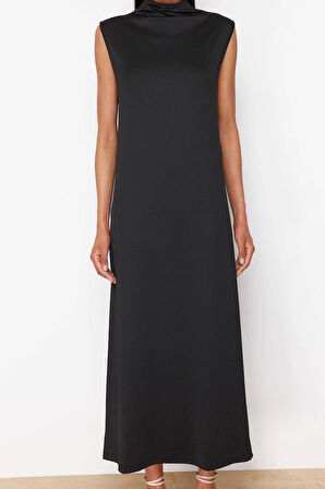 Moda Stil Regular Dik Yaka Maxi Boy Tesettür Örme Dalgıç Scuba Kolsuz Astar İçlik Elbise