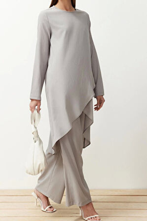 Tarz Kadın Modern Moda Normal Bel Boru Paça V Yaka Asimetrik Dokuma Tunik Pantolon Alt-Üst Takım