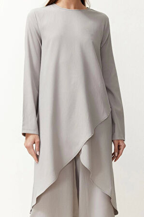 Tarz Kadın Modern Moda Normal Bel Boru Paça V Yaka Asimetrik Dokuma Tunik Pantolon Alt-Üst Takım