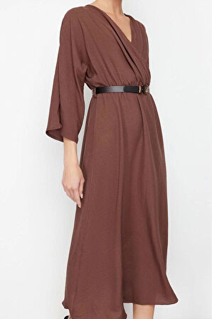 Moda Stil Regular Kruvaze Midi Boy Düz Elbise