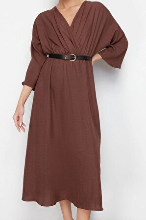 Moda Stil Regular Kruvaze Midi Boy Düz Elbise