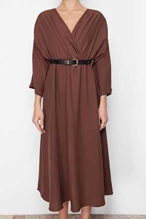 Moda Stil Regular Kruvaze Midi Boy Düz Elbise