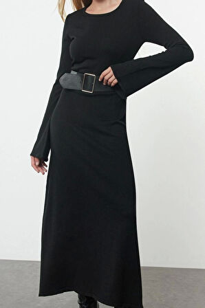 Moda Stil Regular Bisiklet Yaka Maxi Boy Triko Kemerli Elbise