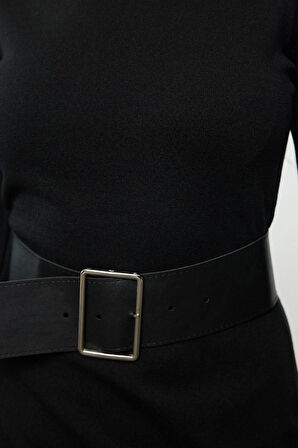 Moda Stil Regular Bisiklet Yaka Maxi Boy Triko Kemerli Elbise