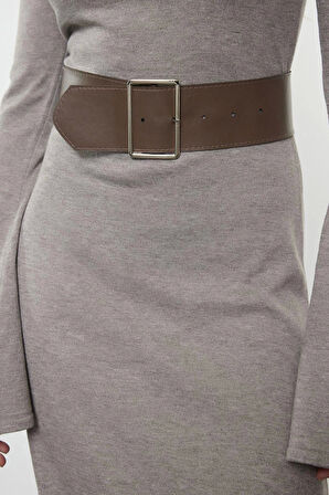 Moda Stil Regular Bisiklet Yaka Maxi Boy Triko Kemerli Elbise