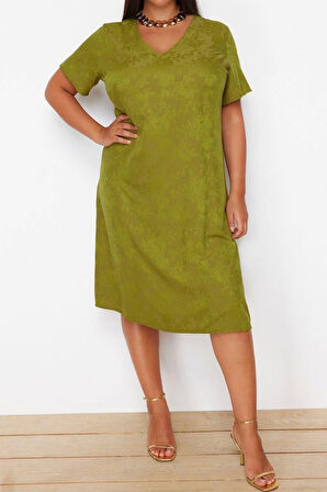 Moda Rahat Casual Günlük Jakar Dokuma V Yaka Kısa Kol A-Line Midi Boy Büyük Beden Elbise