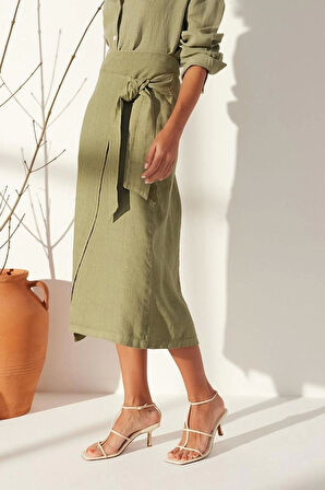 Moda Regular Düz Desen Günlük Midi Boy %100 Keten Bağlamalı Midi Etek