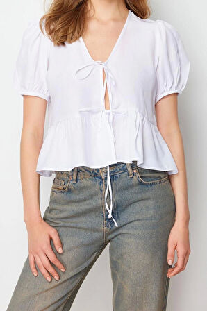 Moda Kadın V Yaka Düz Desen Günlük Önden Bağlama Detaylı Regular Normal Kalıp Dokuma Gömlek