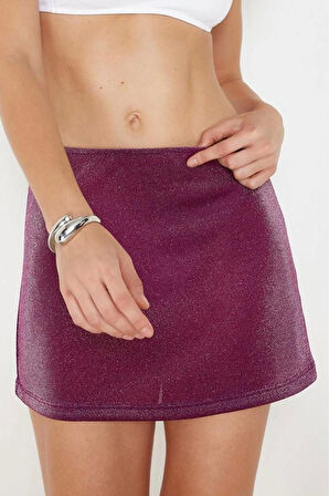 Moda Regular Düz Desen Plaj Midi Boy Mürdüm Mini Örme Simli Etek