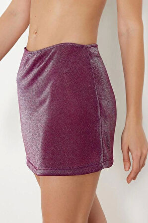 Moda Regular Düz Desen Plaj Midi Boy Mürdüm Mini Örme Simli Etek