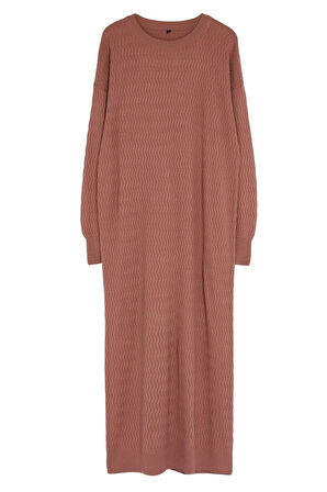 Moda Stil Relaxed Bisiklet Yaka Maxi Boy Tesettür Kendinden Desenli Triko Elbise