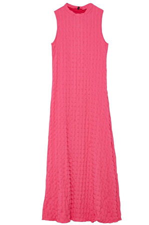 Moda Stil Regular Bisiklet Yaka Maxi Boy Düz Dokulu A Kesim Çan Form Dokulu Elbise