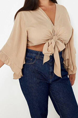Moda Büyük Beden V Yaka Dokuma Fit Düz Desen Plaj Crop Truvakar Kol Kol Bluz