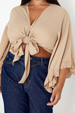 Moda Büyük Beden V Yaka Dokuma Fit Düz Desen Plaj Crop Truvakar Kol Kol Bluz