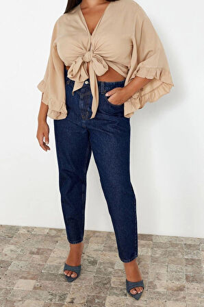Moda Büyük Beden V Yaka Dokuma Fit Düz Desen Plaj Crop Truvakar Kol Kol Bluz