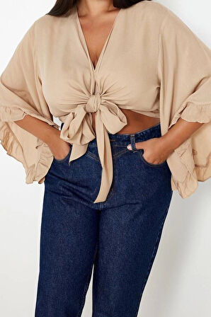 Moda Büyük Beden V Yaka Dokuma Fit Düz Desen Plaj Crop Truvakar Kol Kol Bluz