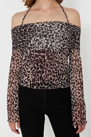 Moda Carmen Yaka Örme Regular Düz Desen Casual Günlük Crop Uzun Kol Bluz