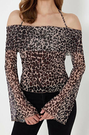 Moda Carmen Yaka Örme Regular Düz Desen Casual Günlük Crop Uzun Kol Bluz