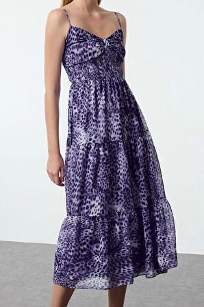 Moda Stil Regular Kalp Yaka Midi Boy Desenli Skater Dokuma Elbise