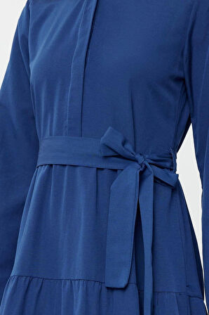 Moda Regular Casual Günlük Terrycotton Dokuma Hakim Yaka Uzun Kol A-Line Maxi Boy Tesettür Elbise