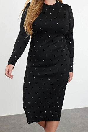 Moda Stil Fitted Bisiklet Yaka Midi Boy Büyük Beden Taşlı Triko Elbise