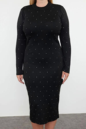 Moda Stil Fitted Bisiklet Yaka Midi Boy Büyük Beden Taşlı Triko Elbise