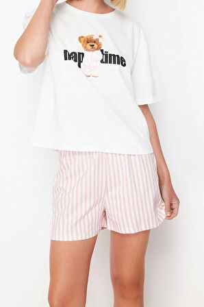 Tarz Rahat Kısa Kollu Boru Paça Kadın %100 Pamuklu Çizgili Örme Pijama Takımı