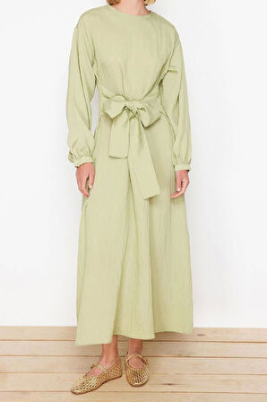 Moda Regular Casual Günlük Crinkle Dokuma Bisiklet Yaka Uzun Kol Shift Maxi Boy Tesettür Elbise