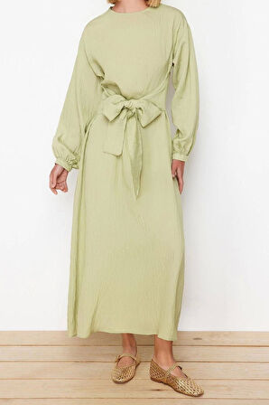 Moda Regular Casual Günlük Crinkle Dokuma Bisiklet Yaka Uzun Kol Shift Maxi Boy Tesettür Elbise