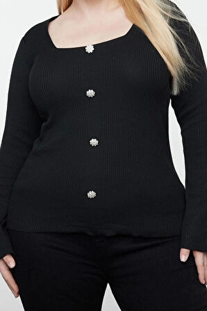 Moda Büyük Beden Kare Yaka Triko Fit Düz Desen Casual Günlük Regular Uzun Kol Bluz