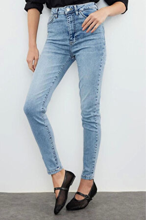 Stil Kadın Moda Denim Kot Pantolon Regular Dar Paça Yüksek Bel Skinny Jeans