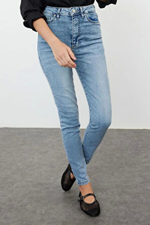 Stil Kadın Moda Denim Kot Pantolon Regular Dar Paça Yüksek Bel Skinny Jeans