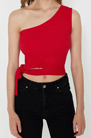 Moda Asimetrik Yaka Örme Slim Düz Desen Casual Günlük Crop Kolsuz Bluz