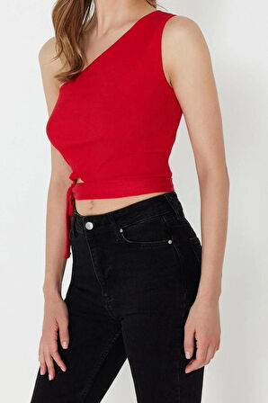 Moda Asimetrik Yaka Örme Slim Düz Desen Casual Günlük Crop Kolsuz Bluz
