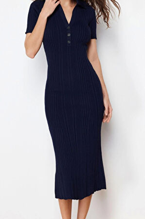 Moda Regular Casual Günlük Tek Plaka Triko Polo Yaka Kısa Kol A-Line Maxi Boy Elbise