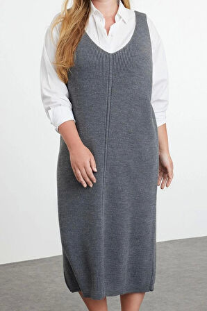 Moda Stil Fitted V Yaka Midi Boy Büyük Beden Jile Triko Elbise