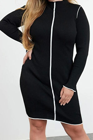 Moda Stil Slim Dik Yaka Mini Boy Büyük Beden Fitilli Triko Büyük Beden Elbise