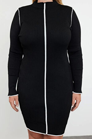 Moda Stil Slim Dik Yaka Mini Boy Büyük Beden Fitilli Triko Büyük Beden Elbise