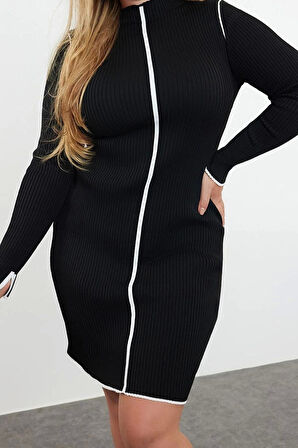 Moda Stil Slim Dik Yaka Mini Boy Büyük Beden Fitilli Triko Büyük Beden Elbise