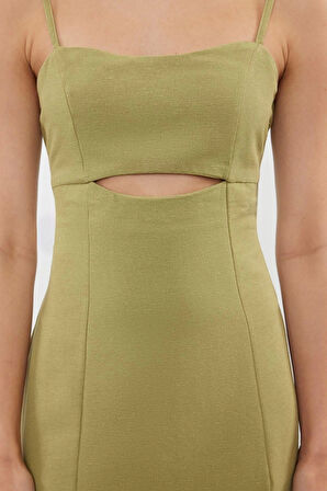 Moda Regular Gündüz Gece Keten Görünümlü Dokuma Kalp Yaka Askılı Kol Bodycone Mini Boy Elbise