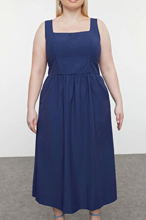 Moda Fit Casual Günlük Poplin Dokuma Kare Yaka Askılı Kol Skater Mini Boy Büyük Beden Elbise